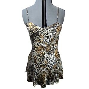VTG Frederick's of Hollywood Leopard Print Silk Chemise Dress Lace Up Back Mini